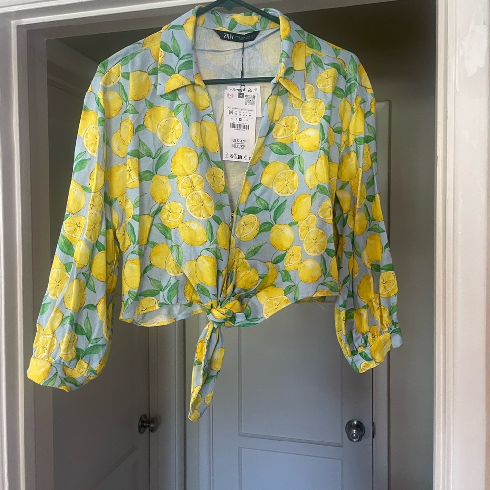 Zara Yellow and Blue Tie-Front Blouse 3/4 Sleeve